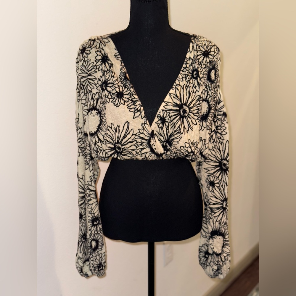 Urban Outfitters Black and Cream floral long sleeve Crop Top
